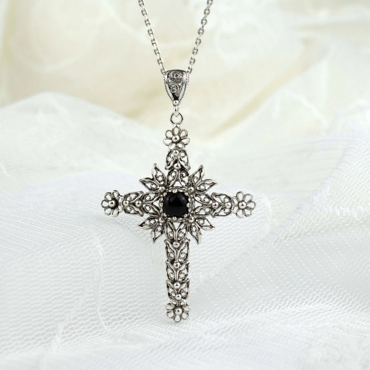 Filigree Art Black Onyx Gemstone Women Silver Cross Pendant Necklace - Drakoi Marketplace