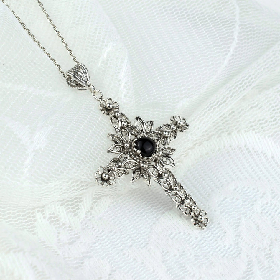 Filigree Art Black Onyx Gemstone Women Silver Cross Pendant Necklace - Drakoi Marketplace