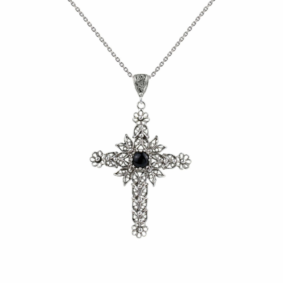 Filigree Art Black Onyx Gemstone Women Silver Cross Pendant Necklace - Drakoi Marketplace