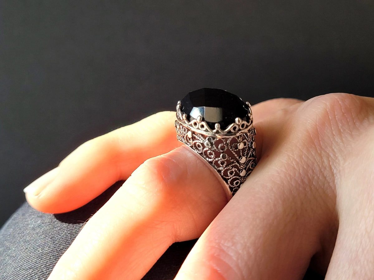 Filigree Art Black Onyx Gemstone Women Silver Dome Statement Ring - Drakoi Marketplace