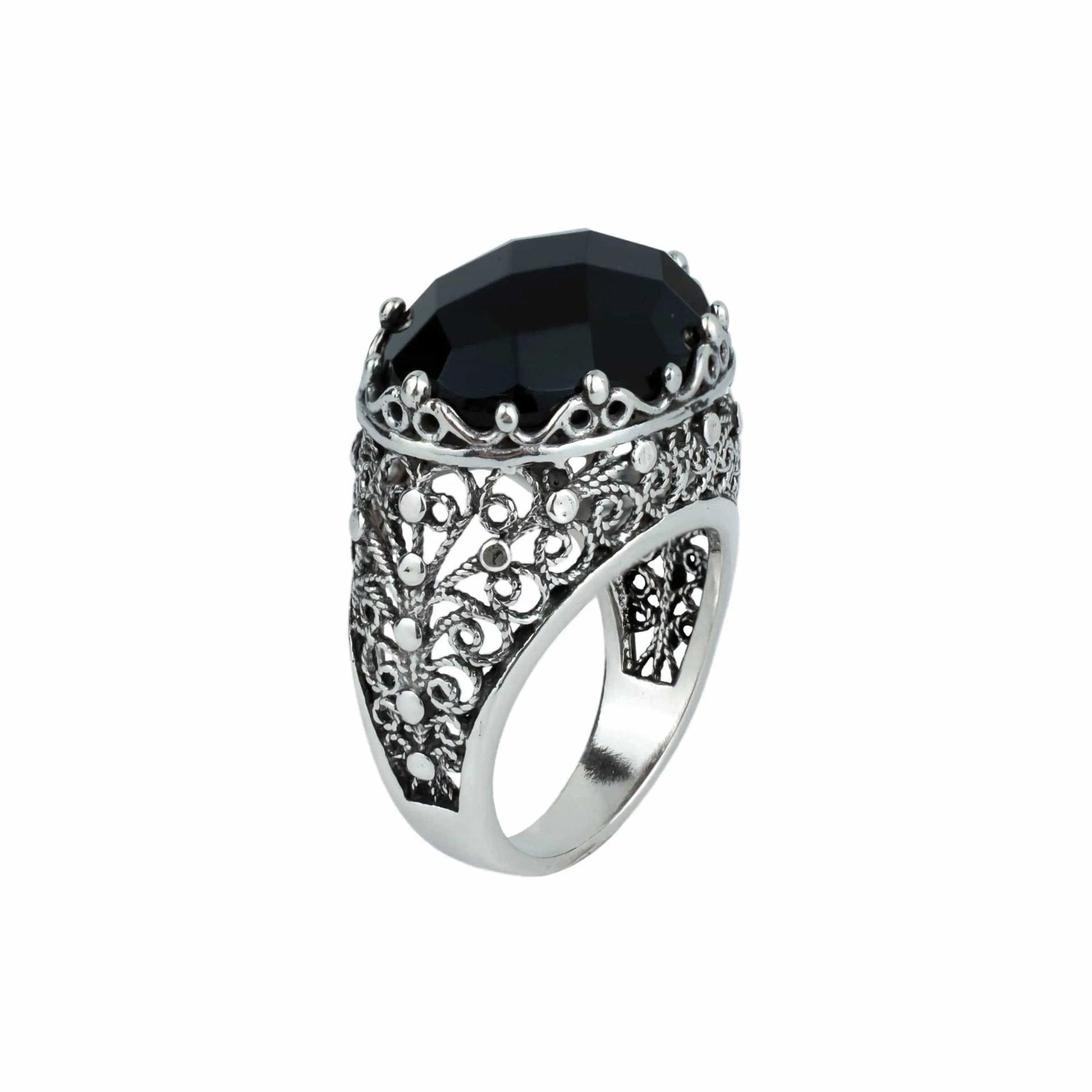 Filigree Art Black Onyx Gemstone Women Silver Dome Statement Ring - Drakoi Marketplace