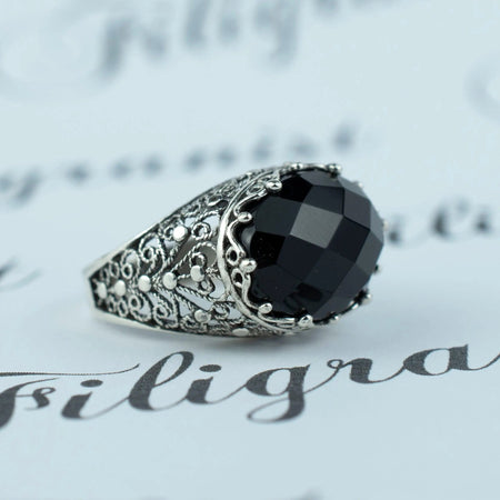 Filigree Art Black Onyx Gemstone Women Silver Dome Statement Ring - Drakoi Marketplace