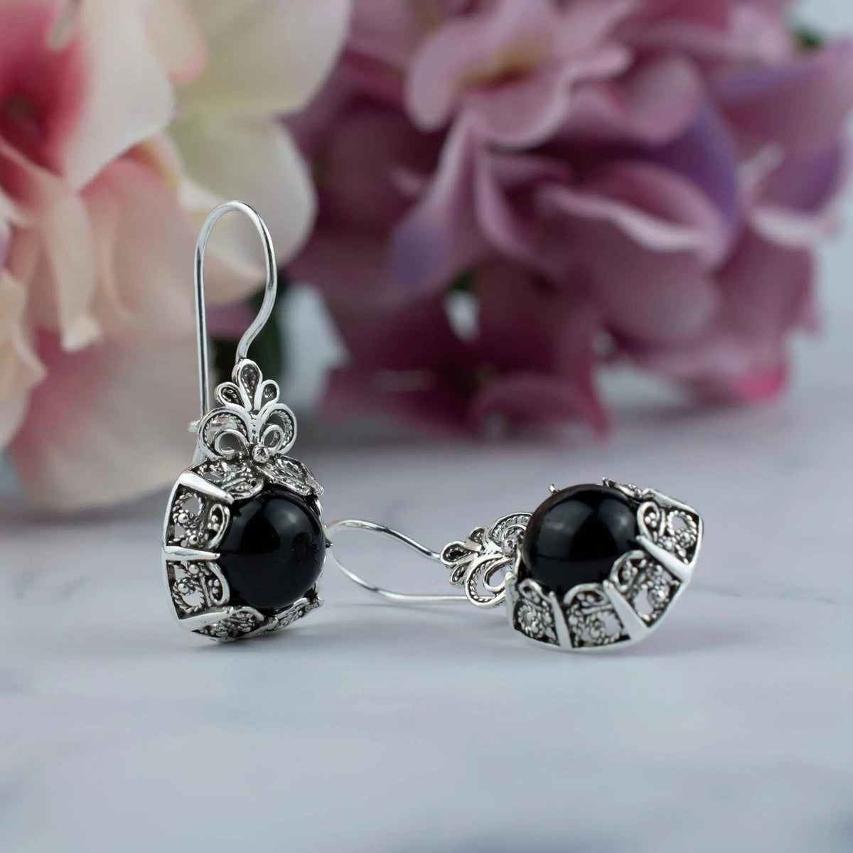 Filigree Art Black Onyx Gemstone Women Silver Drop Earrings - Drakoi Marketplace