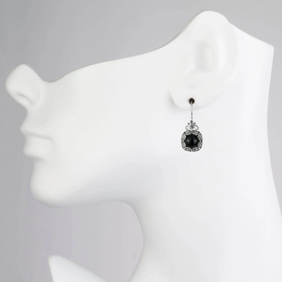 Filigree Art Black Onyx Gemstone Women Silver Drop Earrings - Drakoi Marketplace
