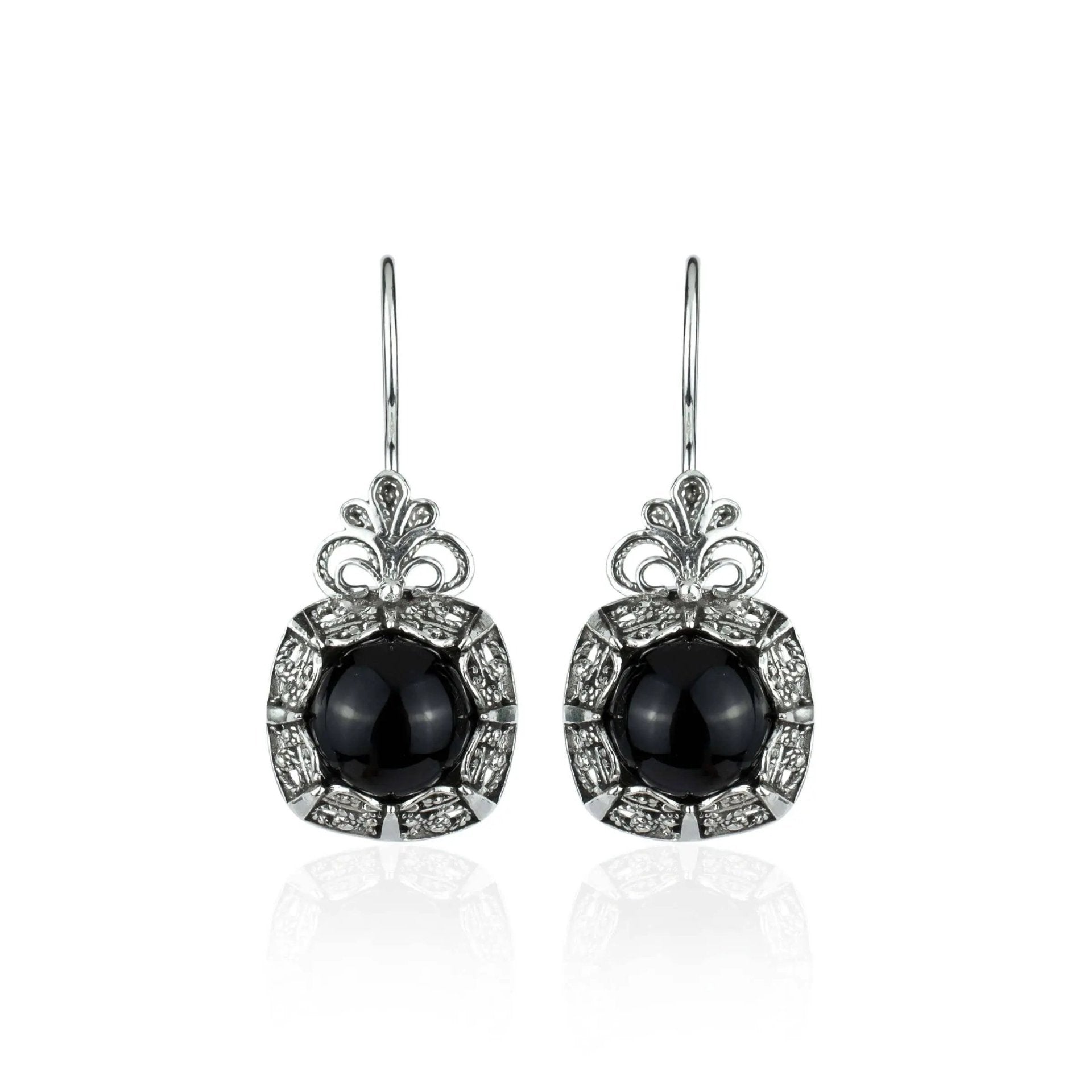 Filigree Art Black Onyx Gemstone Women Silver Drop Earrings - Drakoi Marketplace