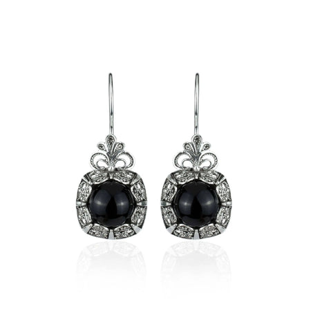 Filigree Art Black Onyx Gemstone Women Silver Drop Earrings - Drakoi Marketplace