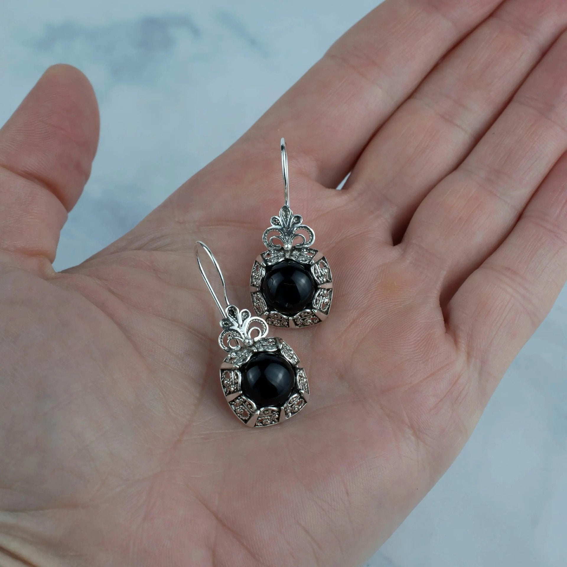 Filigree Art Black Onyx Gemstone Women Silver Drop Earrings - Drakoi Marketplace