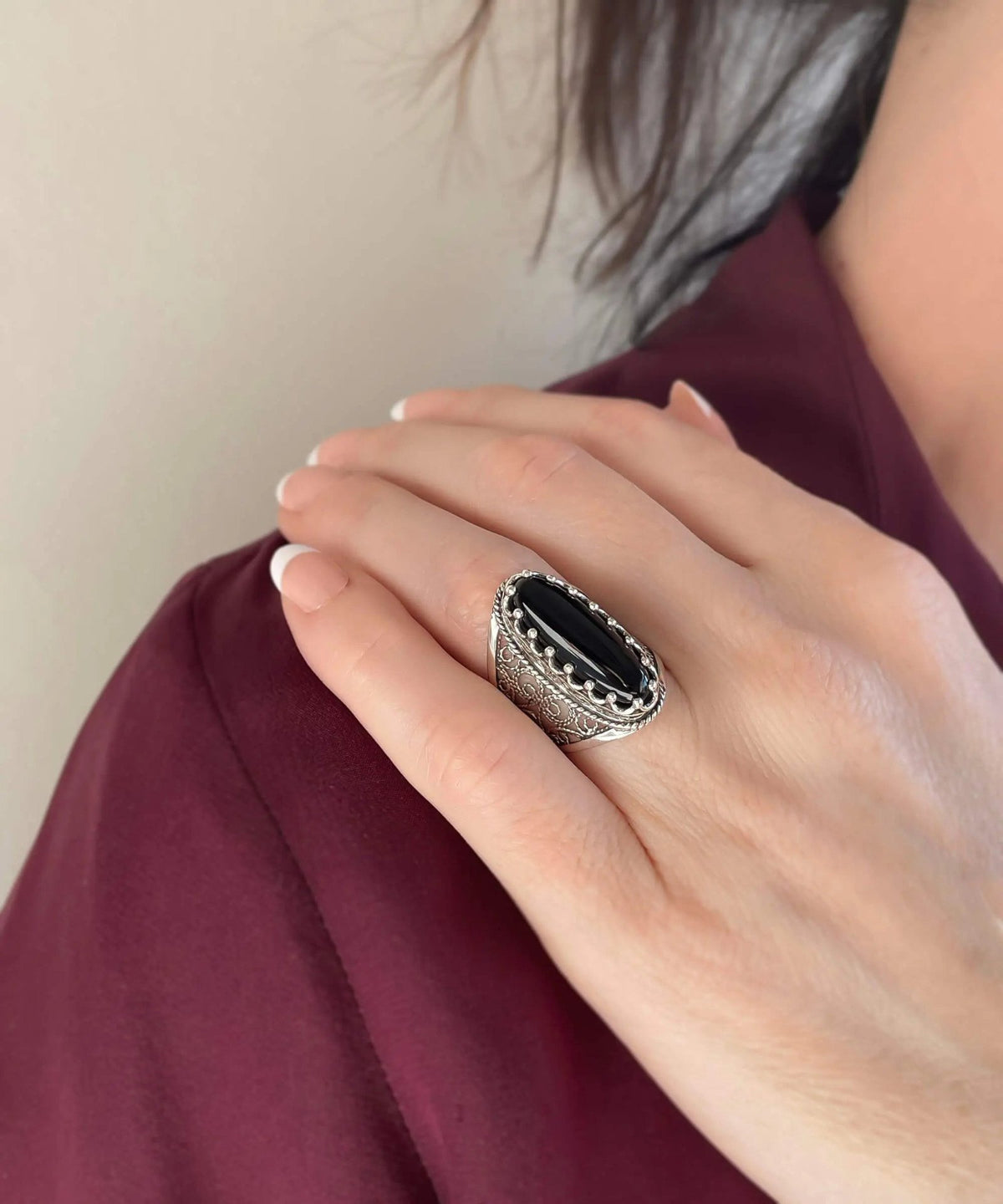 Filigree Art Black Onyx Gemstone Women Silver Long Statement Ring - Drakoi Marketplace