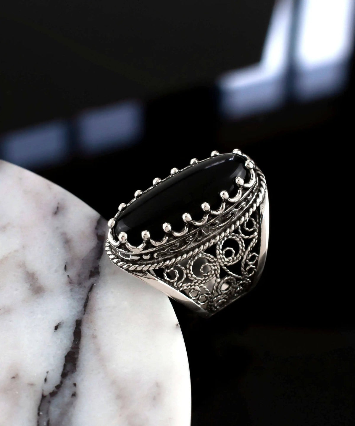 Filigree Art Black Onyx Gemstone Women Silver Long Statement Ring - Drakoi Marketplace