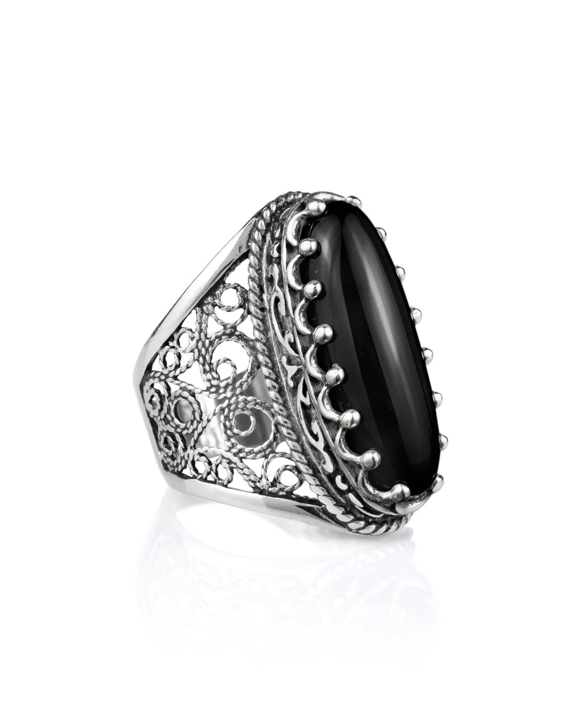 Filigree Art Black Onyx Gemstone Women Silver Long Statement Ring - Drakoi Marketplace