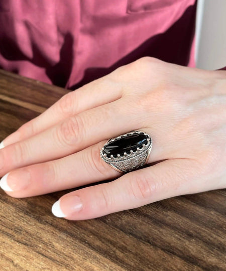 Filigree Art Black Onyx Gemstone Women Silver Long Statement Ring - Drakoi Marketplace