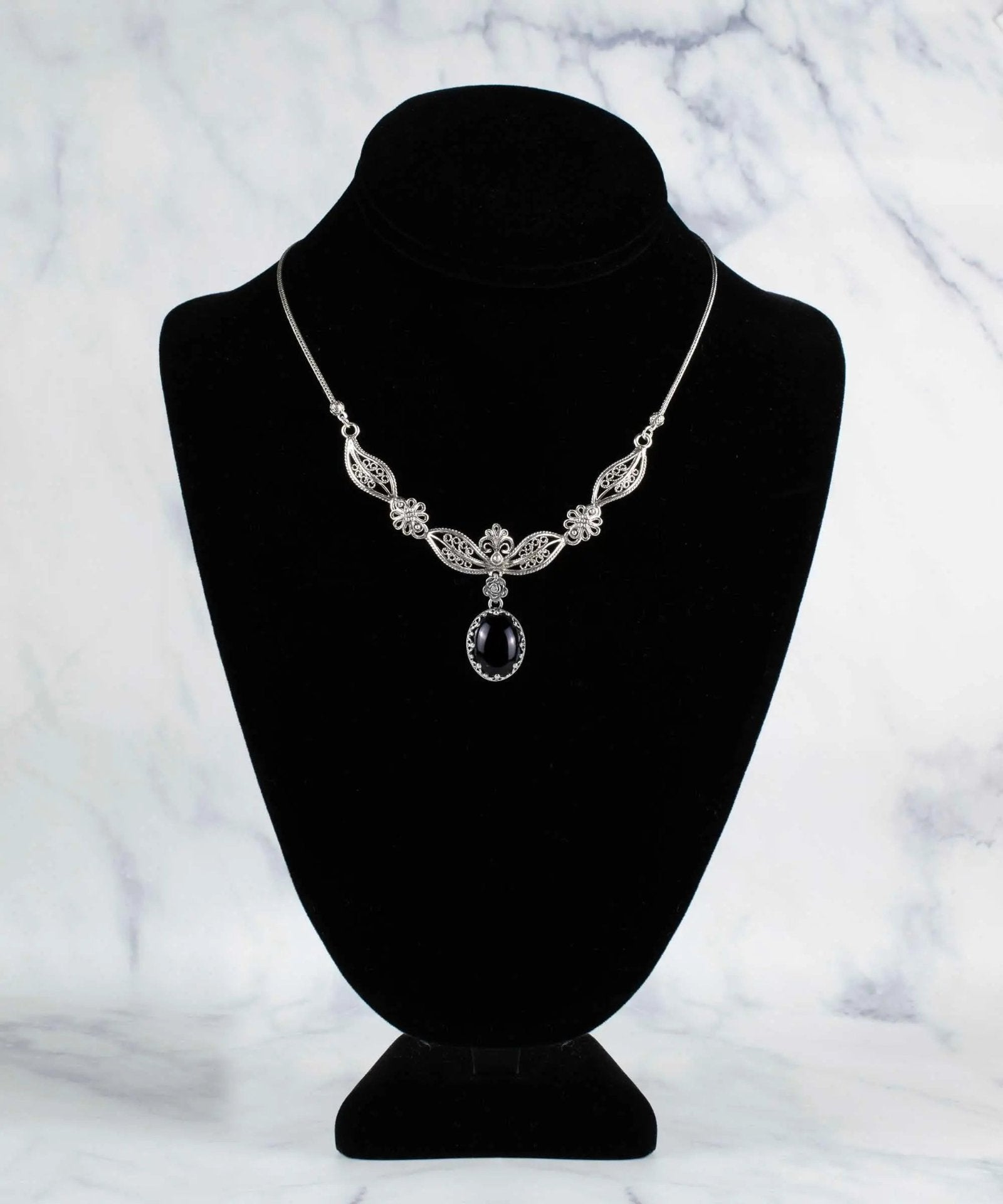 Filigree Art Black Onyx Gemstone Women Silver Princess Necklace - Drakoi Marketplace