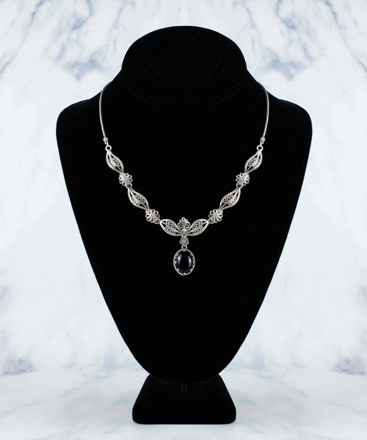 Filigree Art Black Onyx Gemstone Women Silver Princess Necklace - Drakoi Marketplace