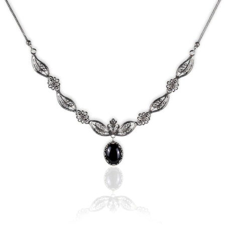 Filigree Art Black Onyx Gemstone Women Silver Princess Necklace - Drakoi Marketplace