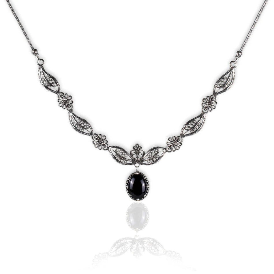 Filigree Art Black Onyx Gemstone Women Silver Princess Necklace - Drakoi Marketplace