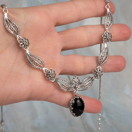 Filigree Art Black Onyx Gemstone Women Silver Princess Necklace - Drakoi Marketplace