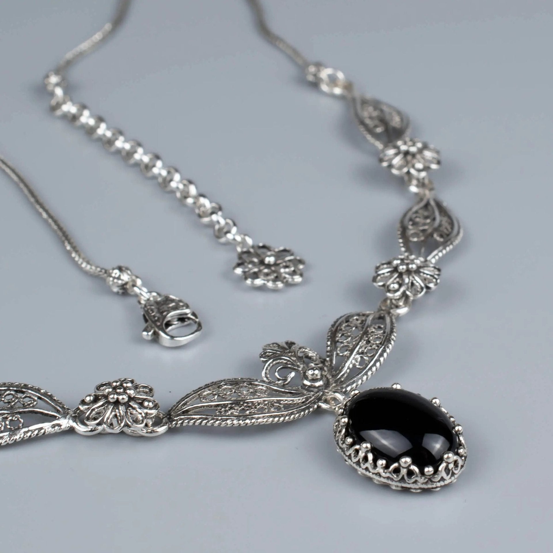 Filigree Art Black Onyx Gemstone Women Silver Princess Necklace - Drakoi Marketplace