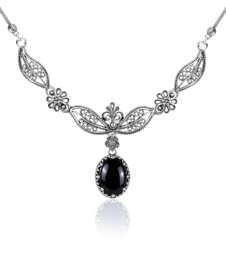 Filigree Art Black Onyx Gemstone Women Silver Princess Necklace - Drakoi Marketplace