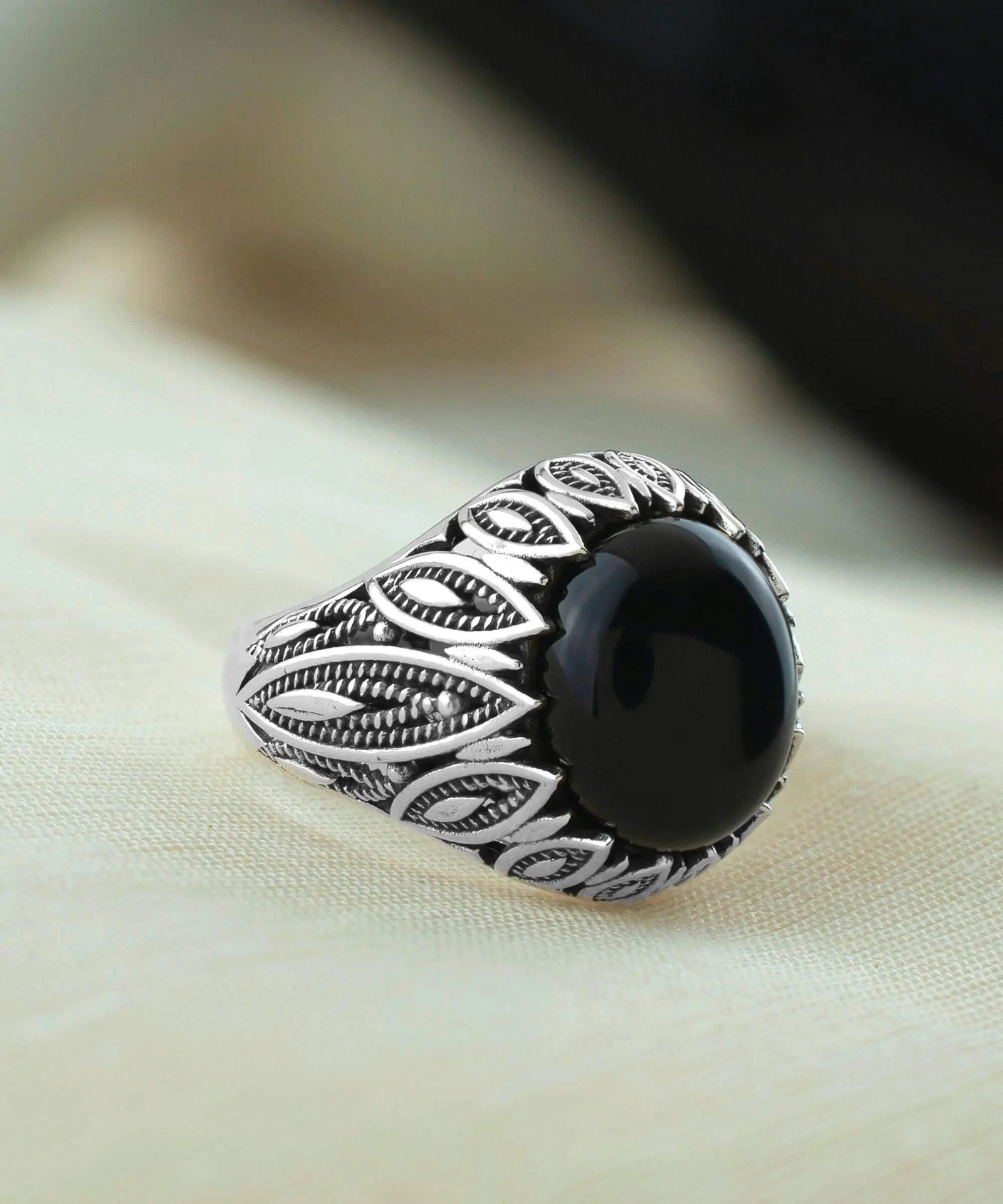 Filigree Art Black Onyx Gemstone Women Silver Statement Ring - Drakoi Marketplace