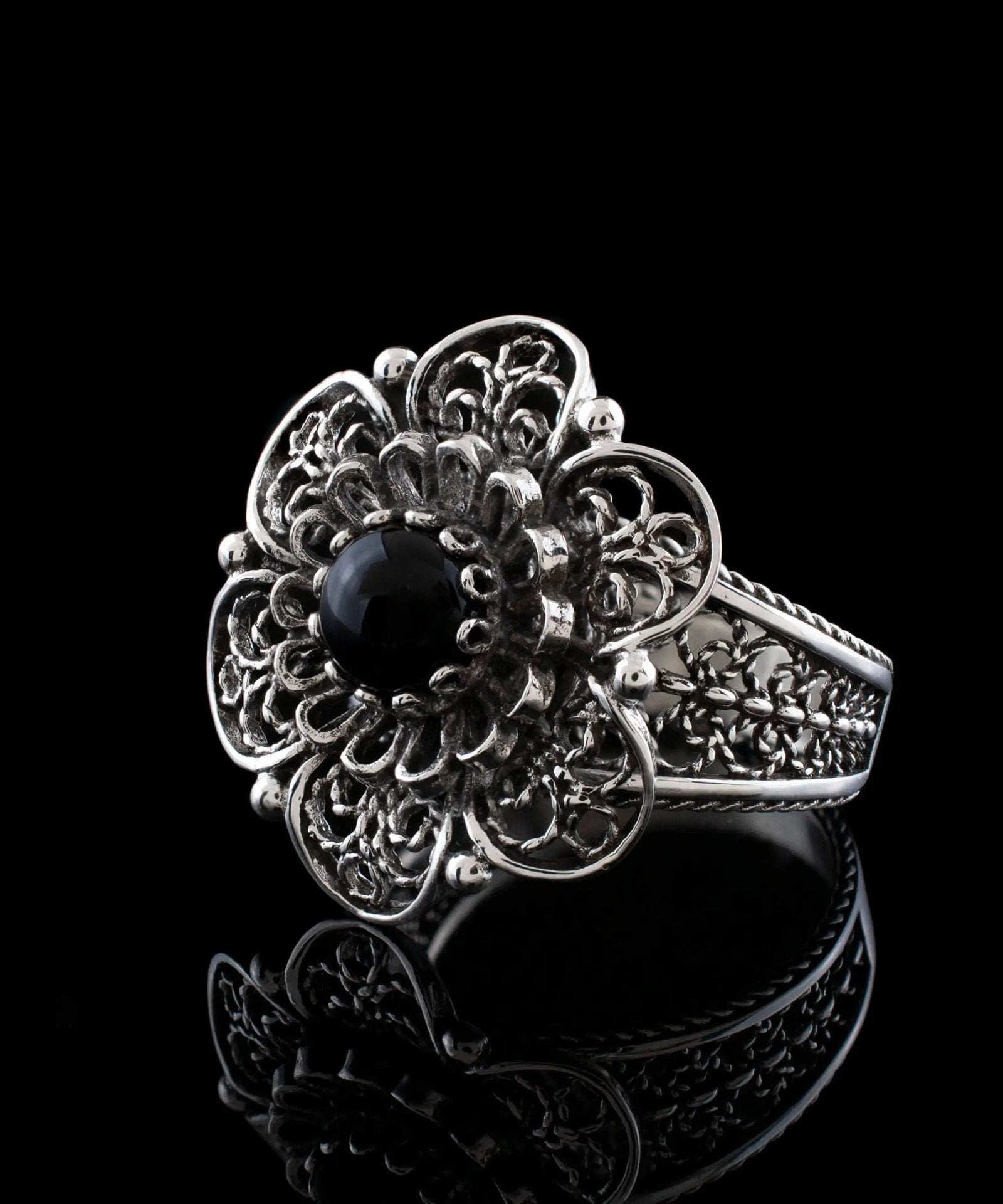 Filigree Art Black Onyx Gemstone Women Silver Statement Ring - Drakoi Marketplace