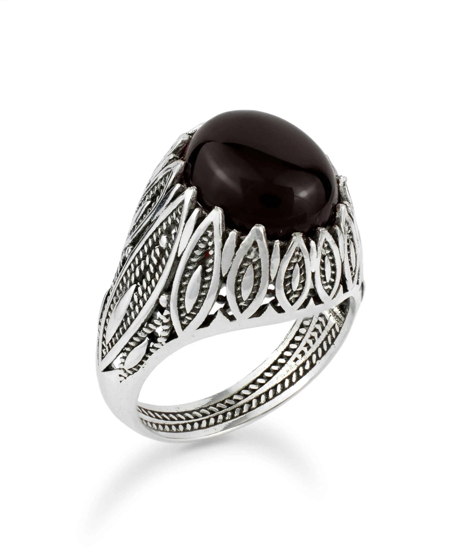 Filigree Art Black Onyx Gemstone Women Silver Statement Ring - Drakoi Marketplace