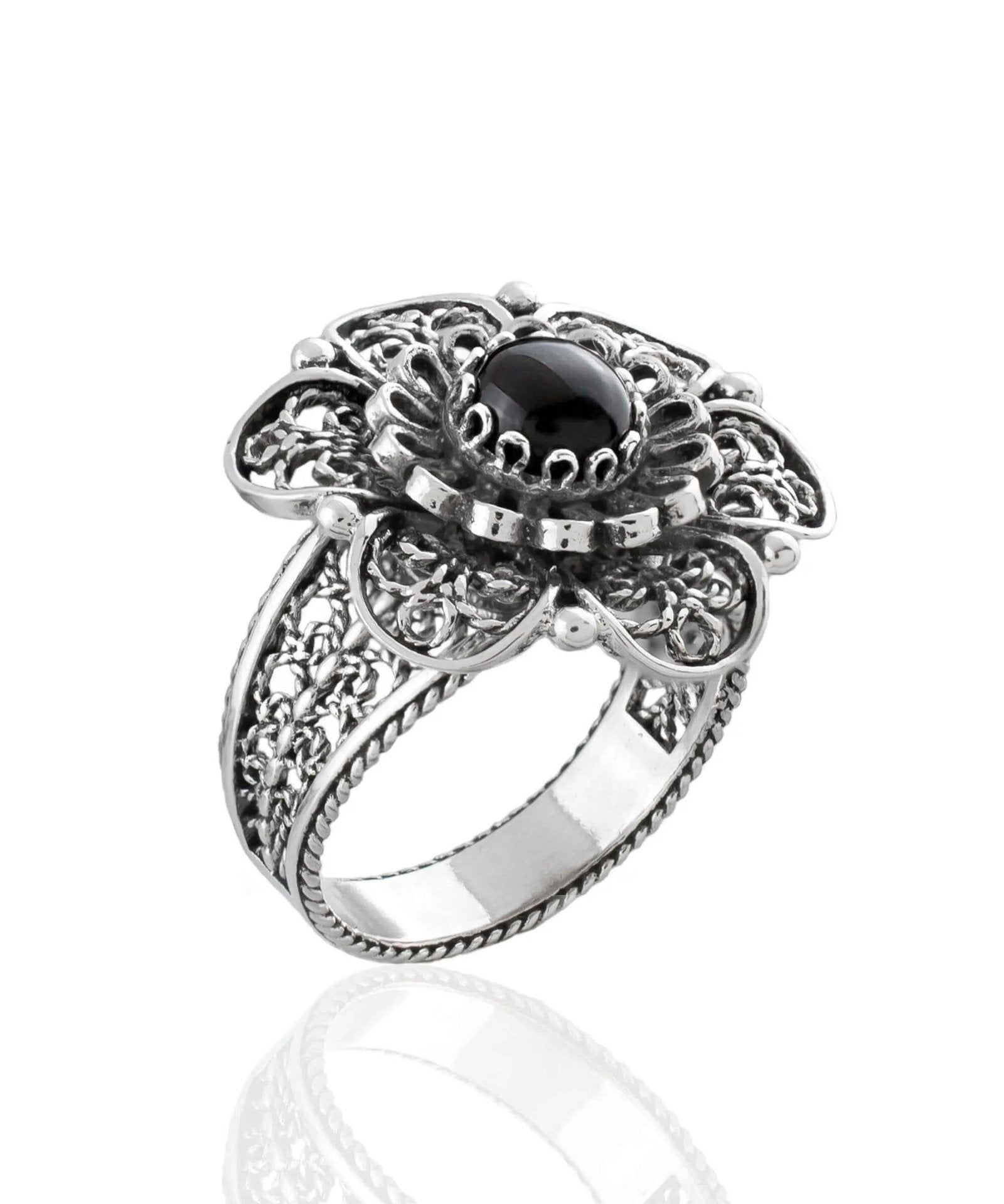 Filigree Art Black Onyx Gemstone Women Silver Statement Ring - Drakoi Marketplace