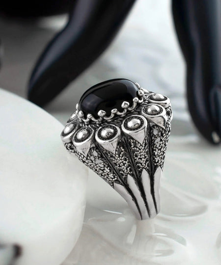 Filigree Art Black Onyx Gemstone Women Statement Dome Ring - Drakoi Marketplace