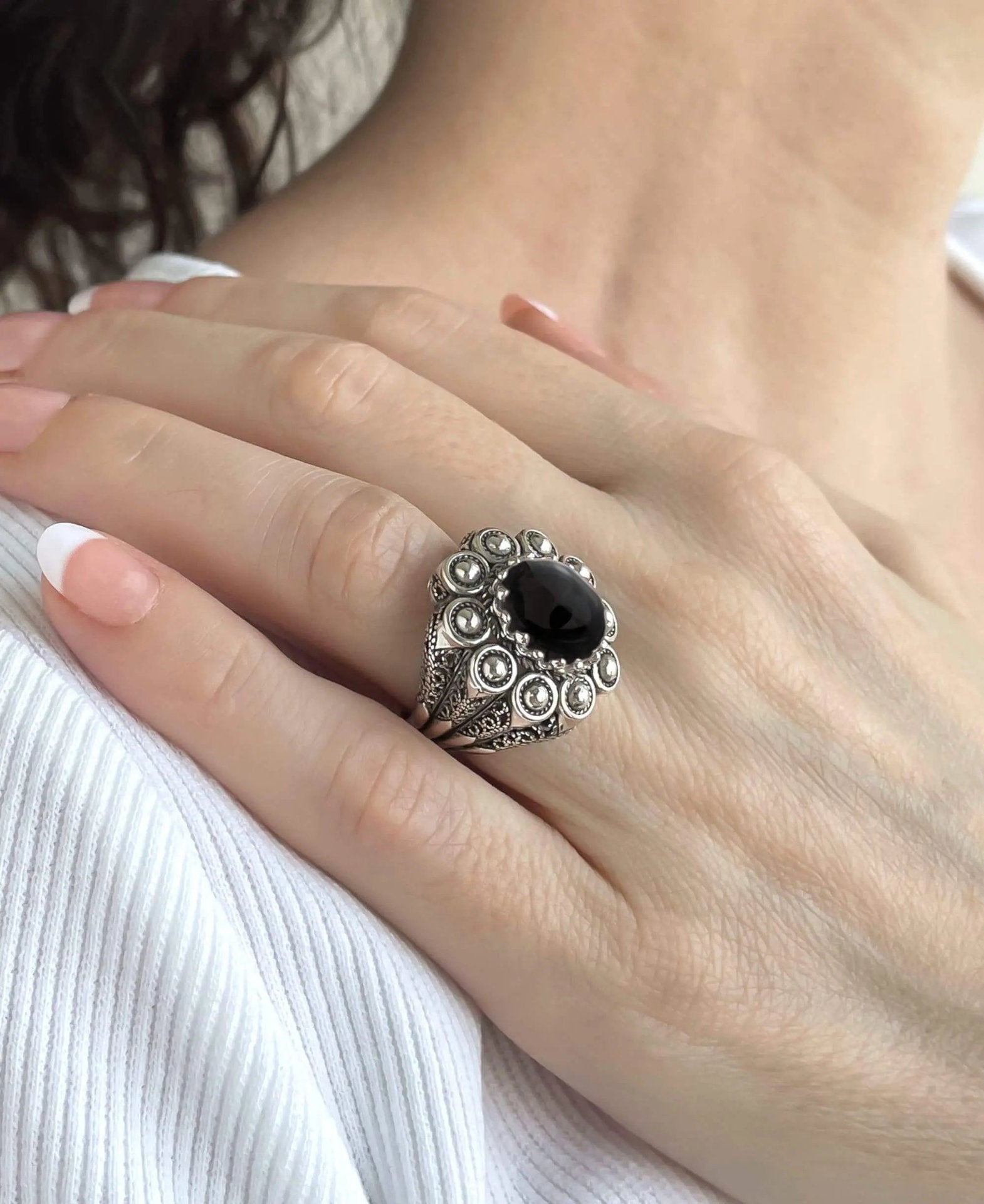 Filigree Art Black Onyx Gemstone Women Statement Dome Ring - Drakoi Marketplace