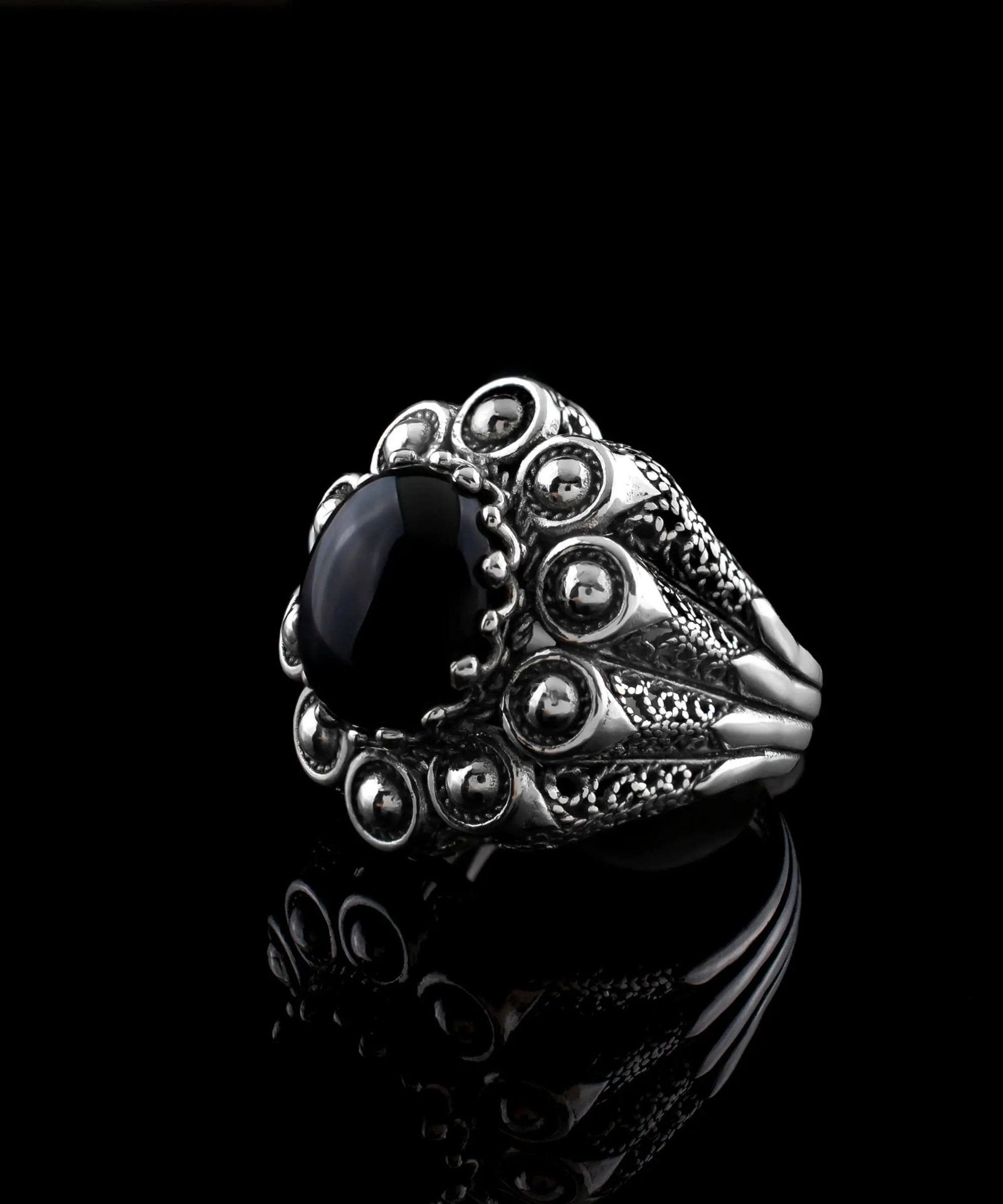 Filigree Art Black Onyx Gemstone Women Statement Dome Ring - Drakoi Marketplace