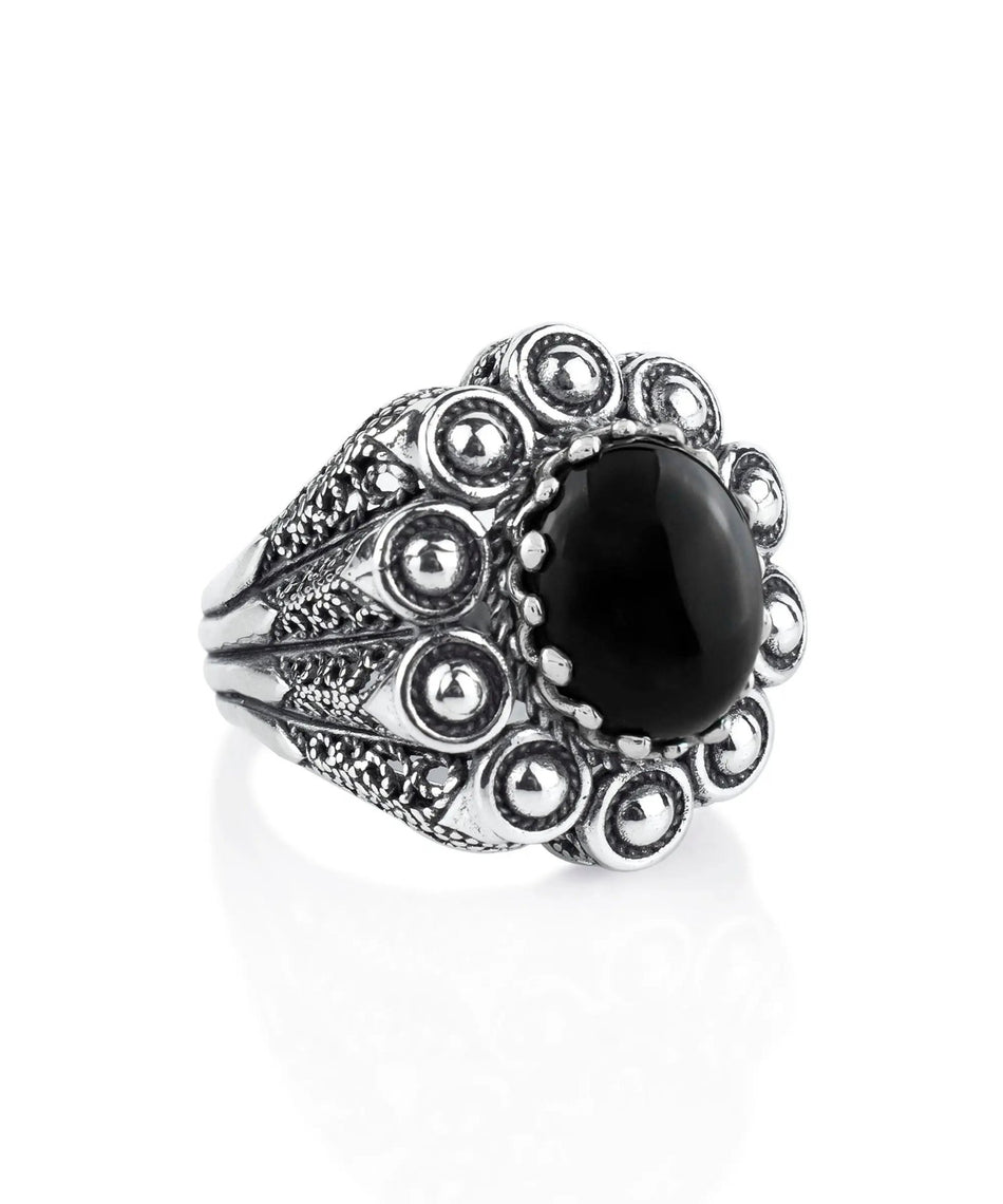 Filigree Art Black Onyx Gemstone Women Statement Dome Ring - Drakoi Marketplace