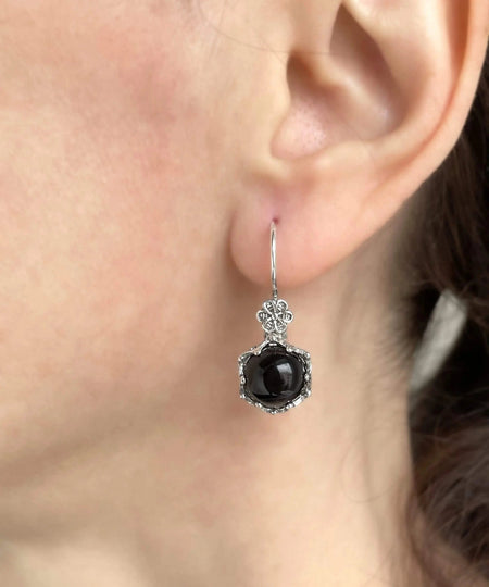 Filigree Art Black Onyx Gemstone Women Sterling Silver Drop Earrings - Drakoi Marketplace