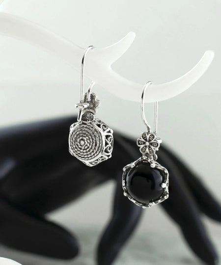 Filigree Art Black Onyx Gemstone Women Sterling Silver Drop Earrings - Drakoi Marketplace