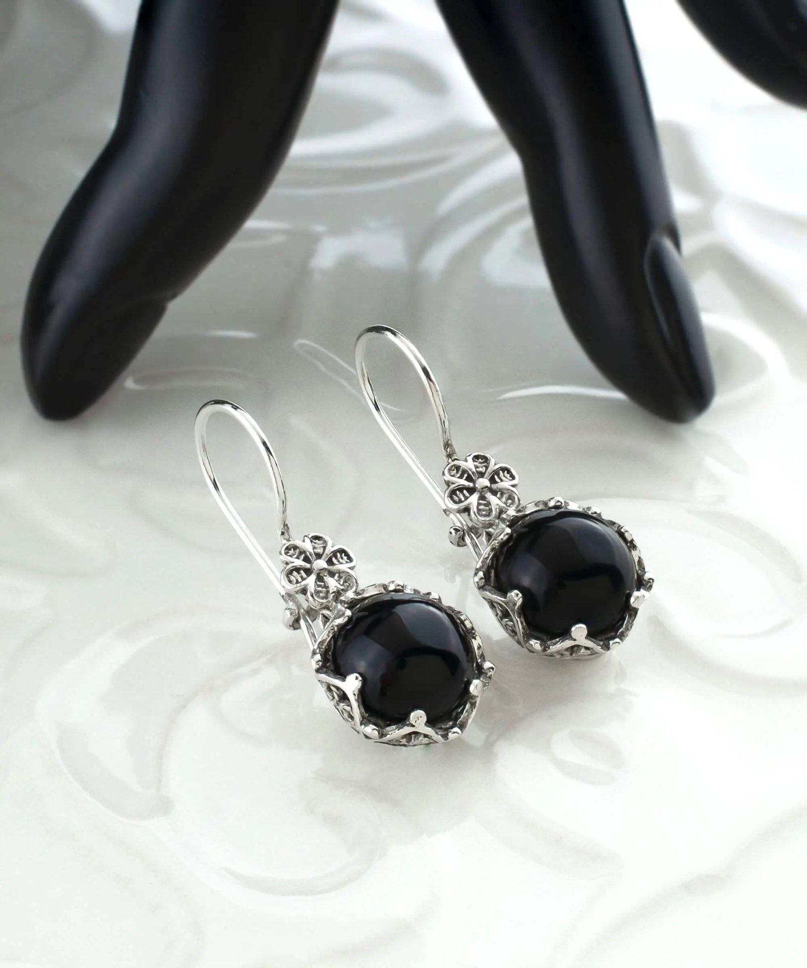 Filigree Art Black Onyx Gemstone Women Sterling Silver Drop Earrings - Drakoi Marketplace