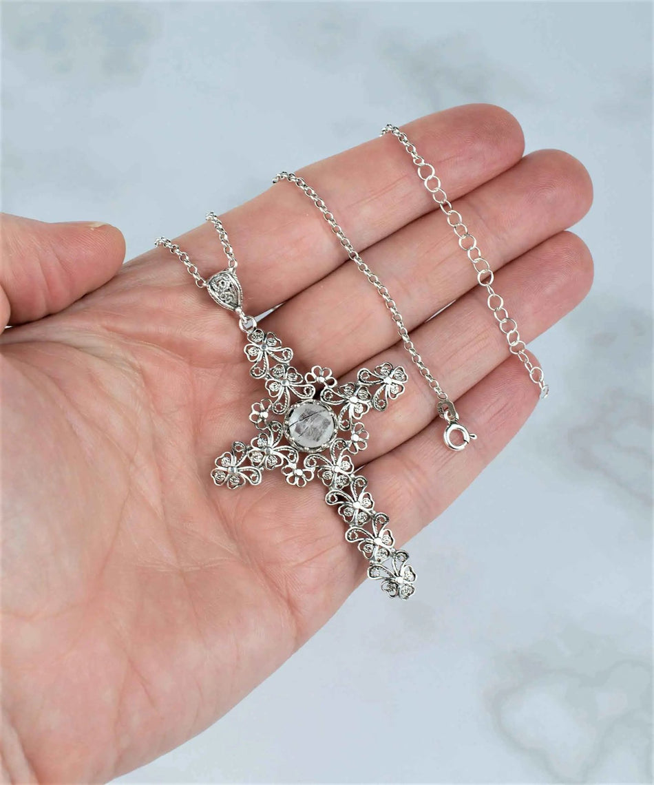 Filigree Art Black Rutile Gemstone Silver Cross Design Women Pendant Necklace - Drakoi Marketplace