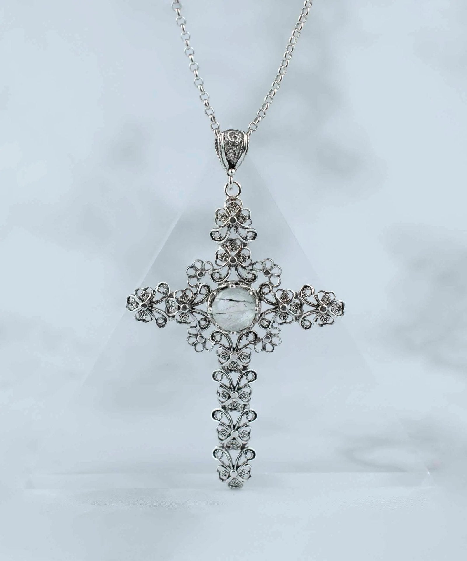 Filigree Art Black Rutile Gemstone Silver Cross Design Women Pendant Necklace - Drakoi Marketplace