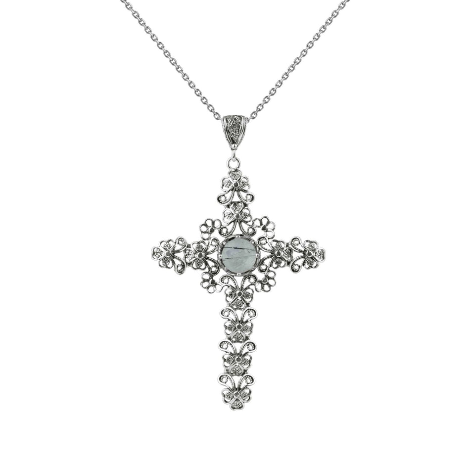 Filigree Art Black Rutile Gemstone Silver Cross Design Women Pendant Necklace - Drakoi Marketplace