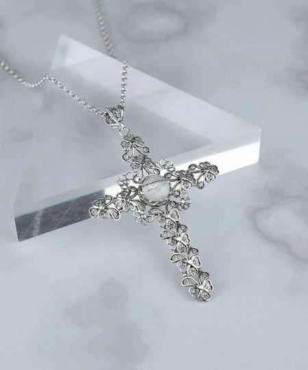 Filigree Art Black Rutile Gemstone Silver Cross Design Women Pendant Necklace - Drakoi Marketplace