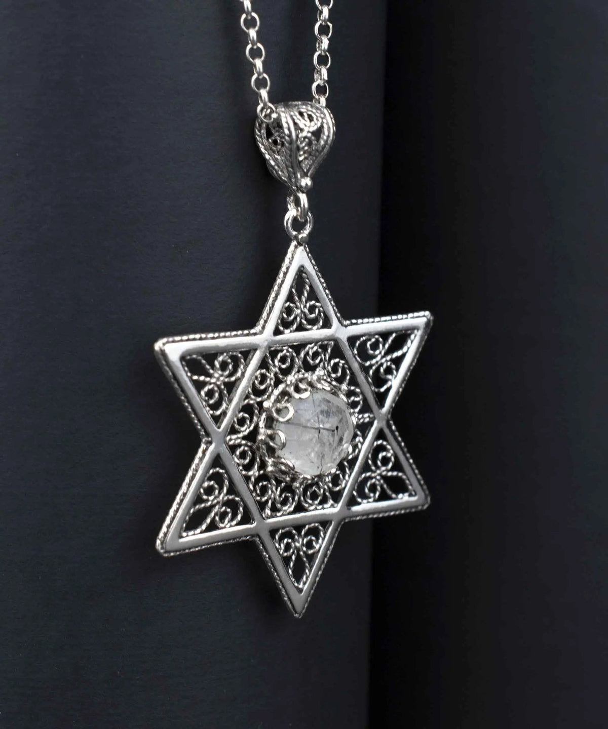 Filigree Art Black Rutile Gemstone Star of David Women Silver Pendant Necklace - Drakoi Marketplace