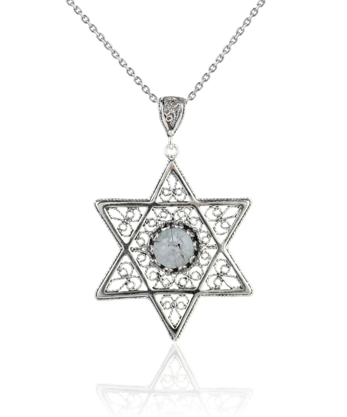 Filigree Art Black Rutile Gemstone Star of David Women Silver Pendant Necklace - Drakoi Marketplace