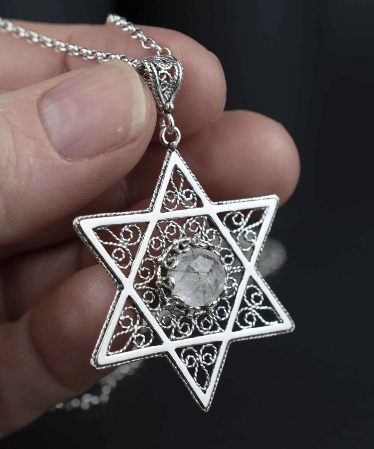 Filigree Art Black Rutile Gemstone Star of David Women Silver Pendant Necklace - Drakoi Marketplace