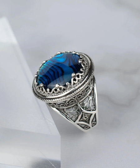 Filigree Art Blue Abalone Gemstone Women Silver Bold Statement Ring - Drakoi Marketplace