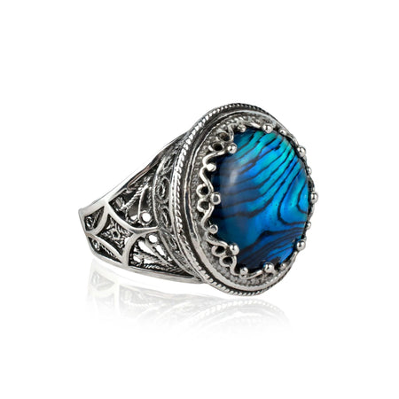 Filigree Art Blue Abalone Gemstone Women Silver Bold Statement Ring - Drakoi Marketplace