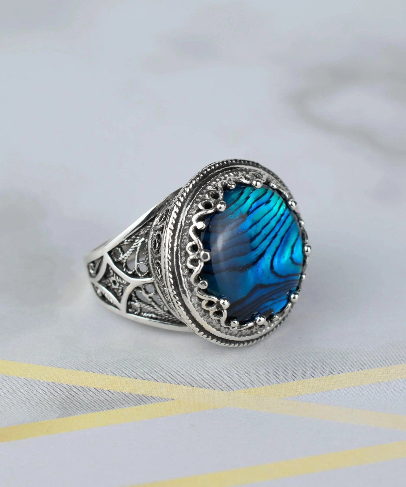 Filigree Art Blue Abalone Gemstone Women Silver Bold Statement Ring - Drakoi Marketplace