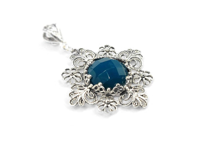 Filigree Art Blue Agate Gemstone Daisy Design Women Silver Pendant Necklace - Drakoi Marketplace