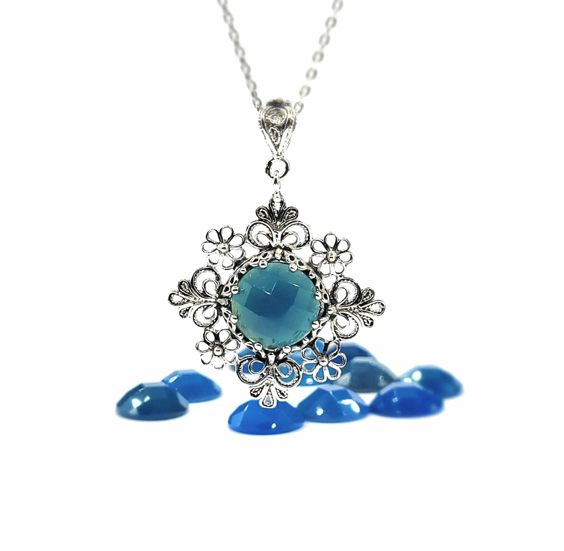 Filigree Art Blue Agate Gemstone Daisy Design Women Silver Pendant Necklace - Drakoi Marketplace