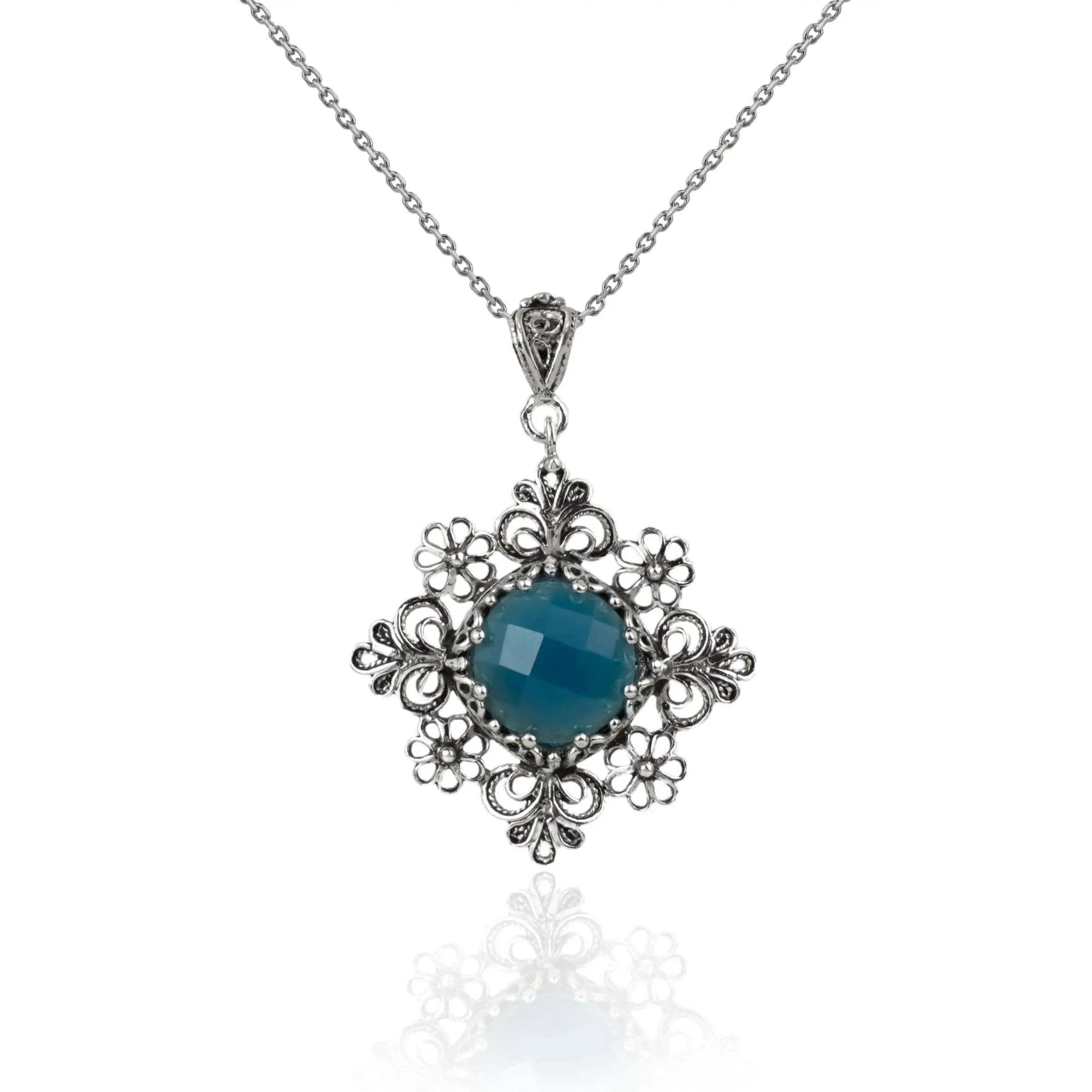 Filigree Art Blue Agate Gemstone Daisy Design Women Silver Pendant Necklace - Drakoi Marketplace