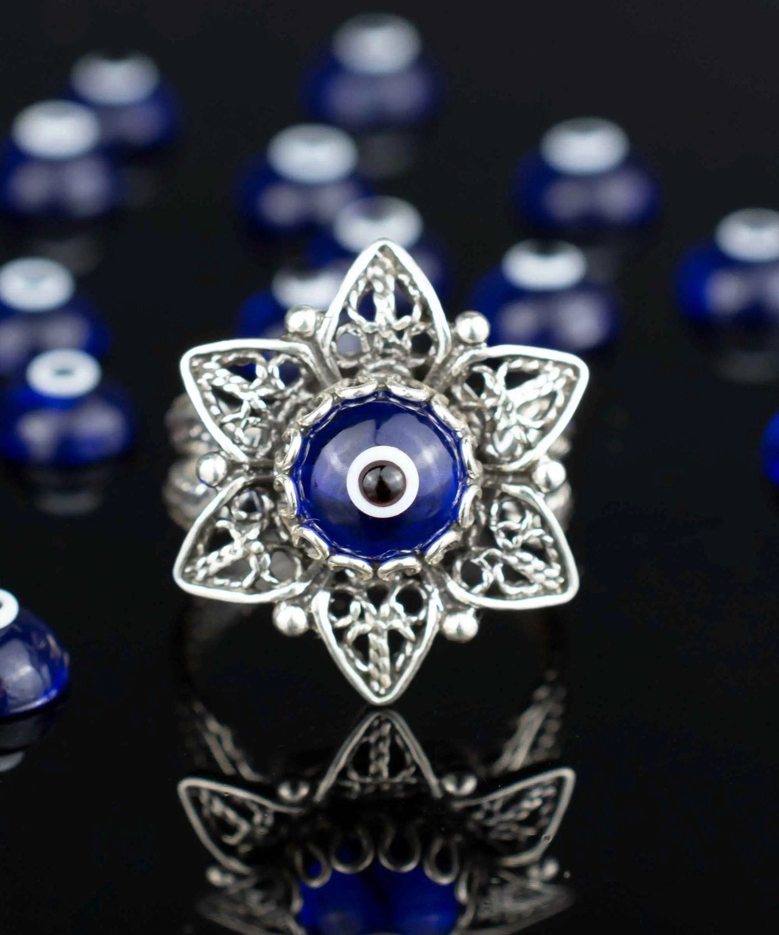 Filigree Art Blue Evil Eye Daisy Flower Women Silver Cocktail Ring - Drakoi Marketplace