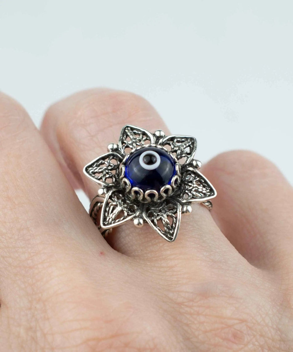 Filigree Art Blue Evil Eye Daisy Flower Women Silver Cocktail Ring - Drakoi Marketplace