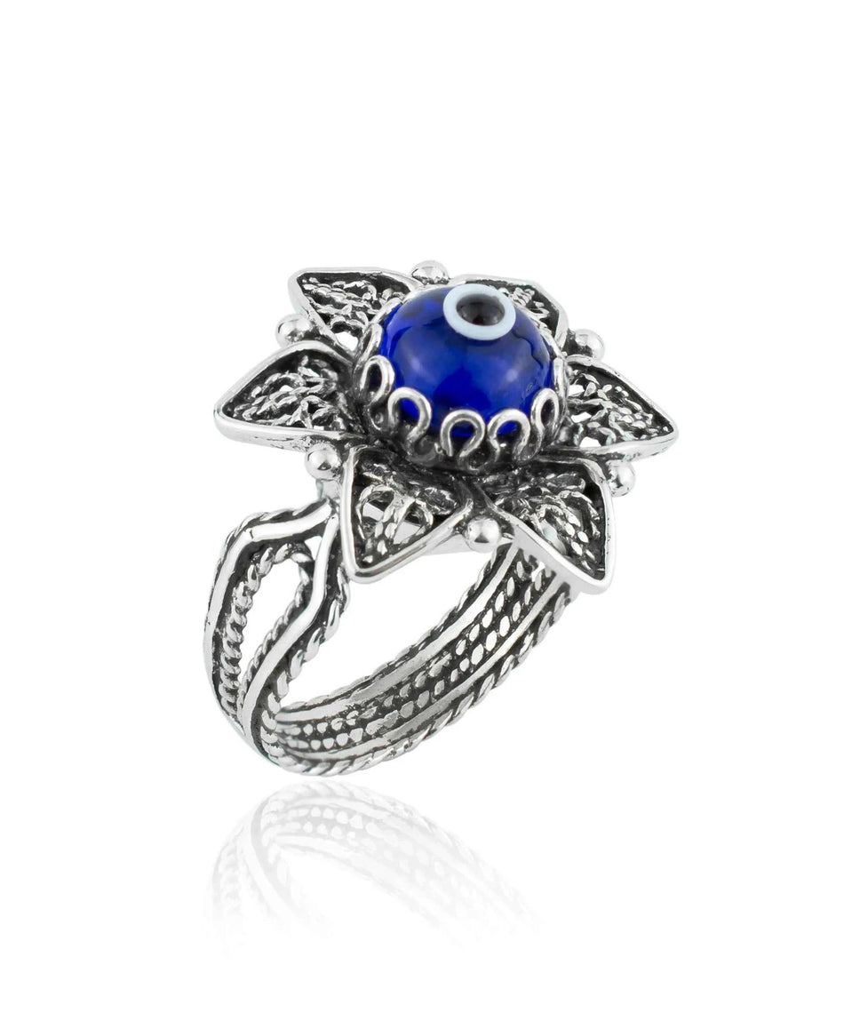 Filigree Art Blue Evil Eye Daisy Flower Women Silver Cocktail Ring - Drakoi Marketplace