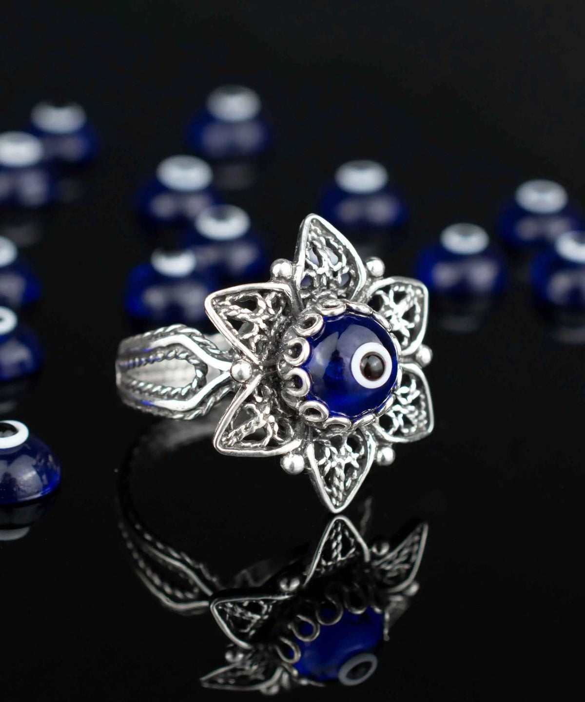 Filigree Art Blue Evil Eye Daisy Flower Women Silver Cocktail Ring - Drakoi Marketplace